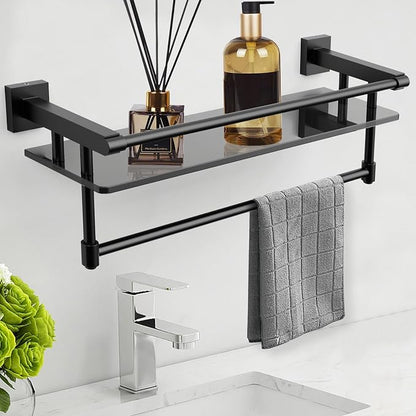 Glass Shelf for Bathroom 20 Inch Bathroom Shelves with Towel Bar Tempered Glass Shelves with Stainless Steel Towel Holder for Wall (All Matte Black)
