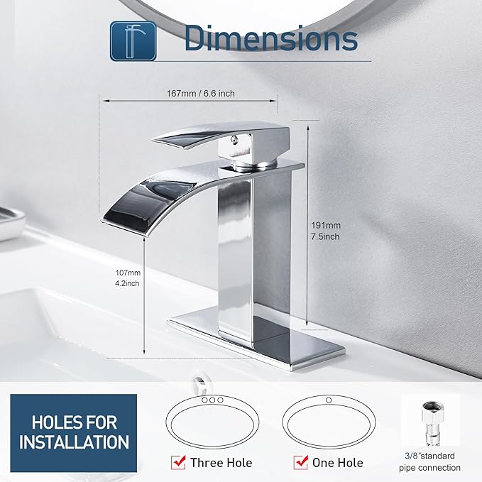 Chrome Bathroom Faucets Waterfall Modern Single Handle Bathroom Sink Faucet 1 Hole with 3 Hole Deck Plate, Vanity Rv Camper Farmhouse Bathroom Faucet