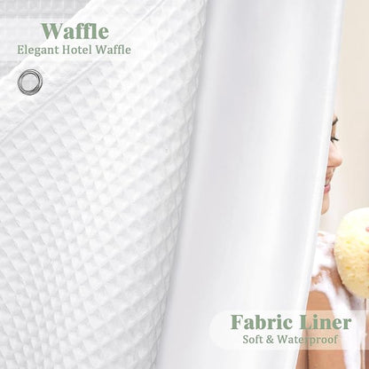 3 in 1 Shower Curtain Set Waffle Shower Curtain with Hooks and Liner Set, Cotton White Fabric Shower Curtains for Bathroom, Washable, 72Wx72L