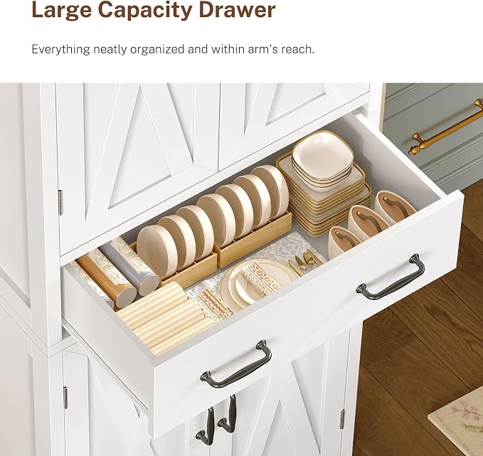 Tall Storage Cabinet with 2 Adjustable Shelves & 1 Large Drawer, Kitchen Pantry Cabinet with 4 Doors, Bathroom Storage Cabinets, for Living Room, Kitchen, Bathroom, White