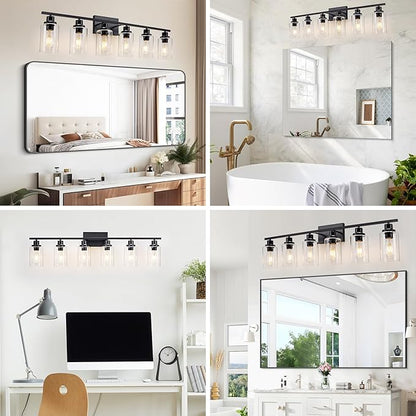 6 Light Bathroom Light Fixtures Black Vanity Light Over Mirror Modern Farmhouse Wall Lighting Sconces Wall Lamp for Bathroom, Bedroom, Living Room E26 Socket with Glass Shade