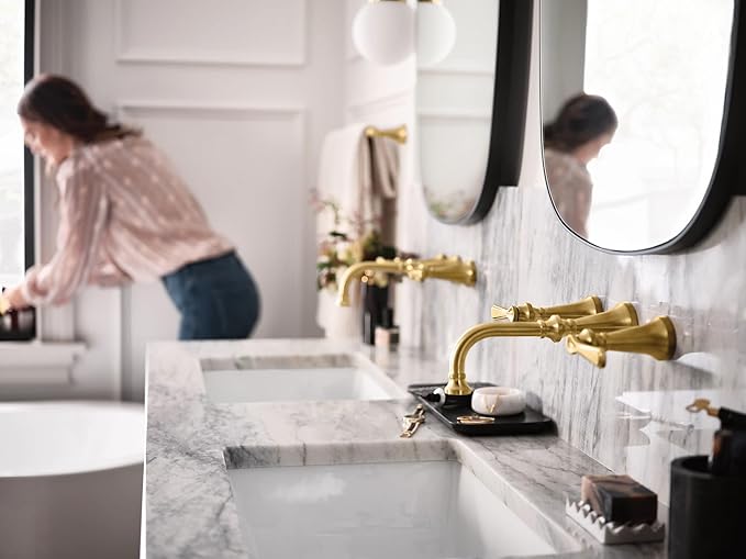 Moen Colinet Brushed Gold Traditional Lever Handle Wall Mount 8" Widespread Bathroom Faucet Trim, Valve Required, TS44104BG