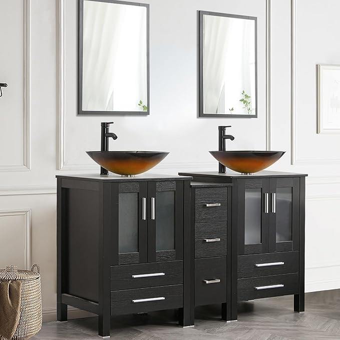 UEV 60" Double Sink Bathroom Vanity,Black Bathroom Vanity with Double Side Vanity Cabinets & Removable 3 Drawer Storage Cabinet,Bathroom Vanity with Tempered Vessel Sink,Mirror Not Included(T48)