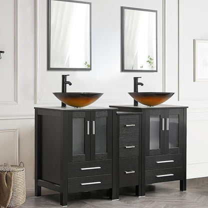 UEV 60" Double Sink Bathroom Vanity,Black Bathroom Vanity with Double Side Vanity Cabinets & Removable 3 Drawer Storage Cabinet,Bathroom Vanity with Tempered Vessel Sink,Mirror Not Included(T48)