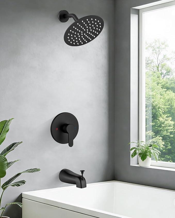 Airuida Shower Faucet Set with Tub Spout,8" Bathtub Faucet-Matte Black | Male Threads Rough-In Valve,Round Head Shower System,Tub and Shower Kit Set