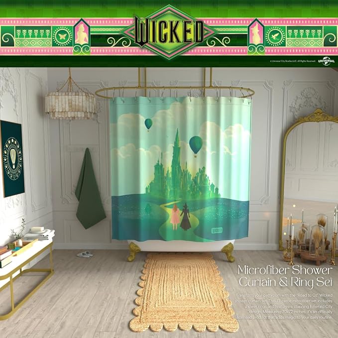 Wicked Elphaba & Glinda 13-Piece Shower Curtain Set, 72 x 72 Inch Fabric Curtain with Hooks, Bathroom Decor, Machine Washable, (100% Officially Licensed Product) by Franco Collectibles
