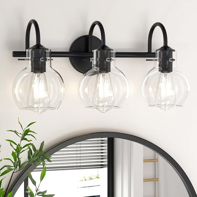 3 Lights Bathroom Vanity Light Fixtures Over Mirror Modern Black | Wall Sconce,Elegant Globe Glass Shade,E26 Base, UL Certified,Anti-Rust,Damp Rated,Matte Black,Bathroom Bedroom Living Room