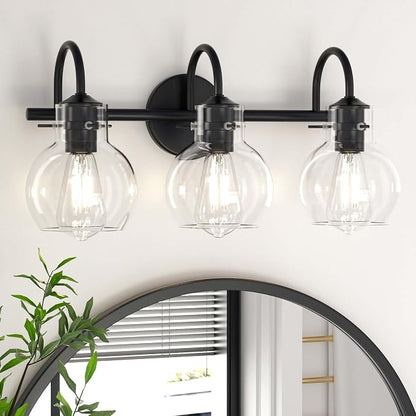 3 Lights Bathroom Vanity Light Fixtures Over Mirror Modern Black | Wall Sconce,Elegant Globe Glass Shade,E26 Base, UL Certified,Anti-Rust,Damp Rated,Matte Black,Bathroom Bedroom Living Room