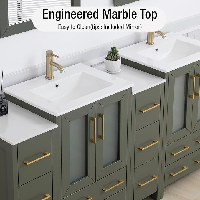 HOMEBEYOND 72 Inch Modern Bathroom Vanity with Sink & Mirror, Double Sink Vanity Cabinet with Basin and Mirror, Dove-Tailed Drawers, Soft-Closing Doors, Wood, Vintage Green