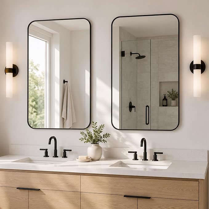 2-Pack 24x36 Inch Matte Black Rounded Rectangle Vanity Mirrors | Double Vanity or Two Bathrooms, Pair or Separate Use, Iron Frame, Layered Shadow Box Look, Two-Way Mount