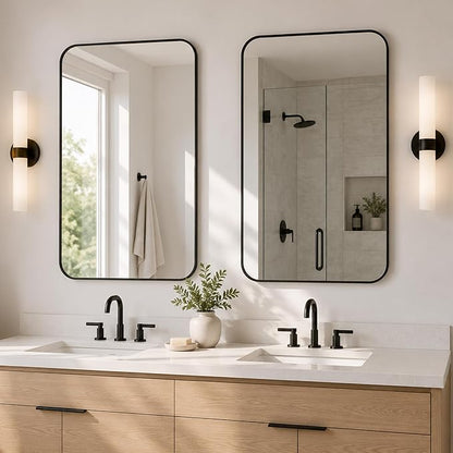 2-Pack 24x36 Inch Matte Black Rounded Rectangle Vanity Mirrors | Double Vanity or Two Bathrooms, Pair or Separate Use, Iron Frame, Layered Shadow Box Look, Two-Way Mount