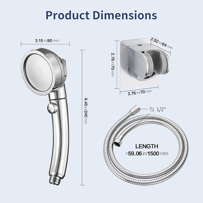 HANLIAN Chrome On/Off High Pressure Handheld Shower Head for RV Camper | 3 Spray Modes Shower Head with Pause Button, Water Saving Shower Head with Hose and Adjustable Self-adhesive Holder