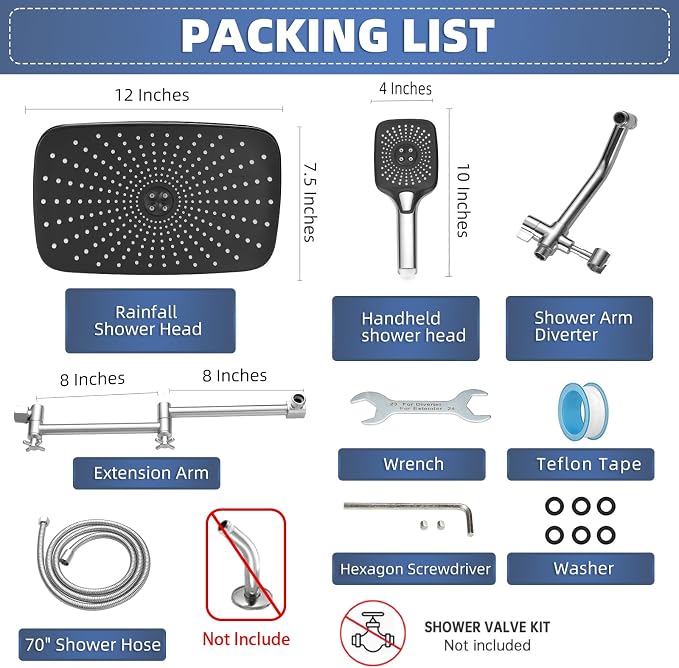 12" High Pressure Rain/Rainfall Shower Heads With Handheld Spray Combo (3+1 Settings & Built-in Power Wash Mode), Double/Dual Shower Head With Handheld - Height/Angle Adjustable(Polished Chrome)