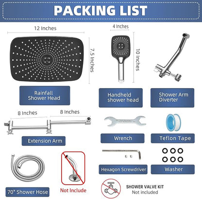 12" High Pressure Rain/Rainfall Shower Heads With Handheld Spray Combo (3+1 Settings & Built-in Power Wash Mode), Double/Dual Shower Head With Handheld - Height/Angle Adjustable(Polished Chrome)