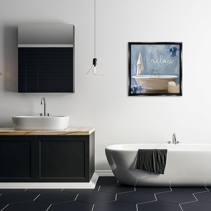 Blue Floral Bathroom Relax Scene, 24 x 24 Inch Canvas in Floater Frame | Stupell Industries · By Kim Allen · Ready to hang · Perfect for bath or laundry decor · Made in USA