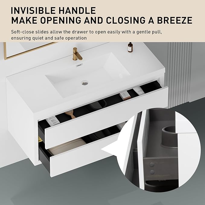 Abruzzo 48" Glossy White Wall-Mounted Bathroom Vanity with Sink – Stone Resin Countertop & Soft-Close Drawers, Waterproof Wood Cabinet for Small Bathrooms