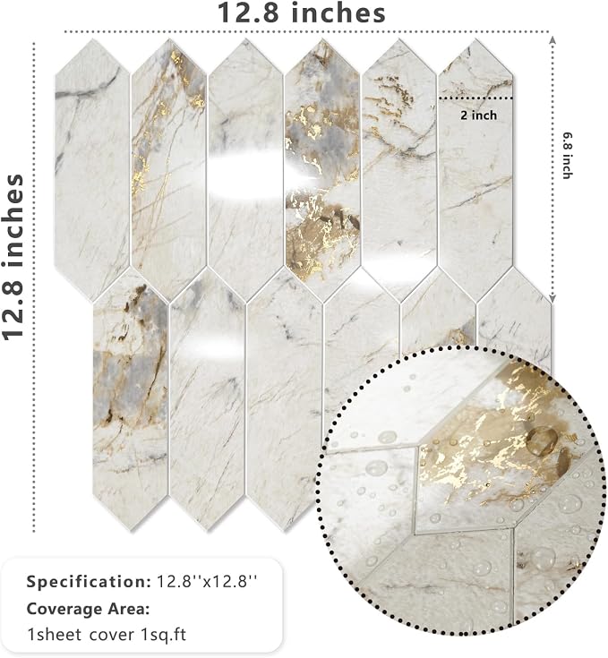Vamos Tile Glossy Pandora Marble with Gold Veining Backsplash Tile Peel and Stick, 12.8 x 12.8 Inch 1 Sheet Long Hexagon PVC Self Adhesive Mosaic Tiles Stick on Backsplash for Kitchen and Bathroom