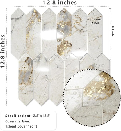 Vamos Tile Glossy Pandora Marble with Gold Veining Backsplash Tile Peel and Stick, 12.8 x 12.8 Inch 1 Sheet Long Hexagon PVC Self Adhesive Mosaic Tiles Stick on Backsplash for Kitchen and Bathroom