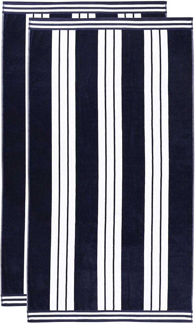 Superior Oversized Cotton Beach Towel Set of 2, Absorbent Towels for Bathroom, Beach, Pool, Swim, Adults, Kids, Vacation, Travel, Bath Sheet, Quick Dry Basics, Trip Essentials, Striped Decor, Blue