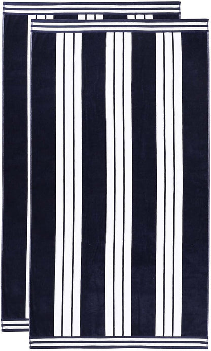 Superior Oversized Cotton Beach Towel Set of 2, Absorbent Towels for Bathroom, Beach, Pool, Swim, Adults, Kids, Vacation, Travel, Bath Sheet, Quick Dry Basics, Trip Essentials, Striped Decor, Blue