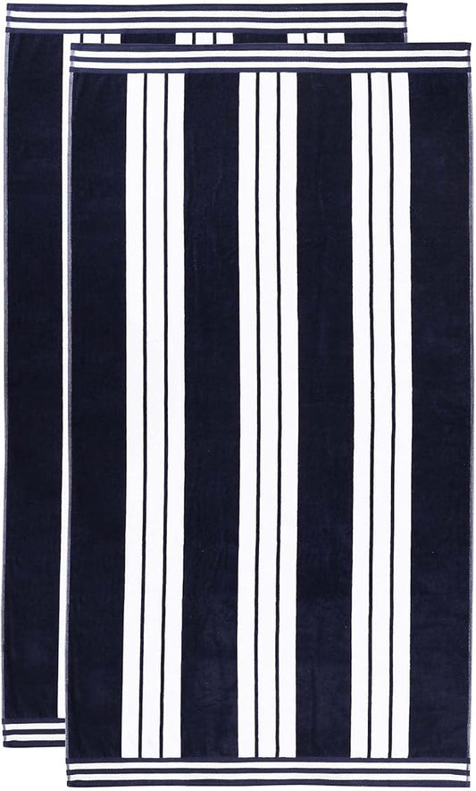 Superior Oversized Cotton Beach Towel Set of 2, Absorbent Towels for Bathroom, Beach, Pool, Swim, Adults, Kids, Vacation, Travel, Bath Sheet, Quick Dry Basics, Trip Essentials, Striped Decor, Blue