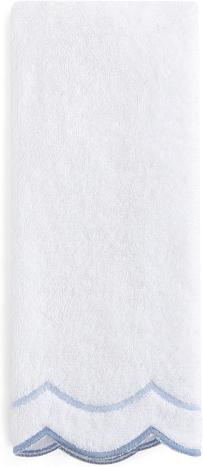 Peri Home 100% Cotton Hand Towel for Bathroom, Embroidered, Soft & Absorbent, 500 GSM, 1 Piece, 16" x 27", White with Blue Scallop | Bathroom, Embroidered, Soft & Absorbent