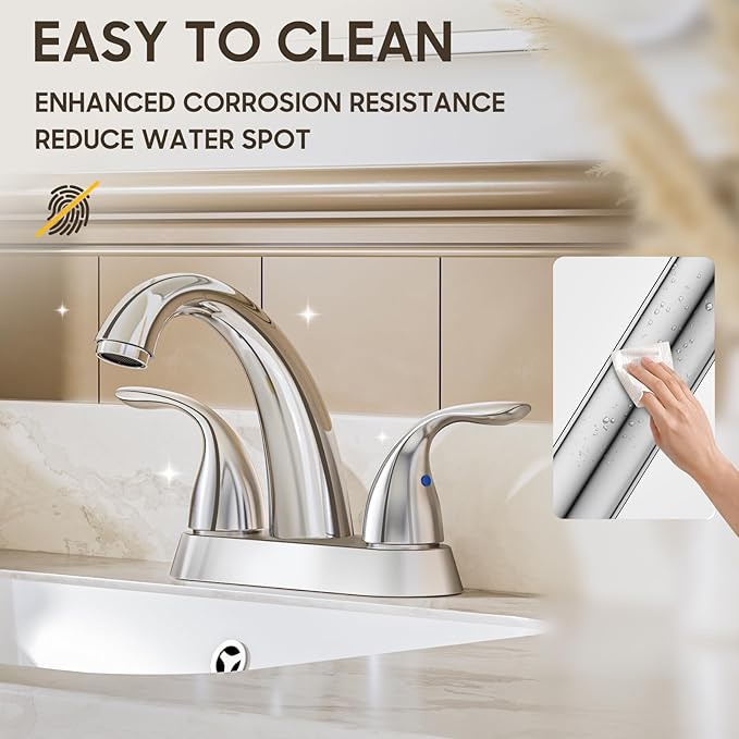 Phiestina Chrome 4 Inch 2 Handle Centerset 2 or 3 Holes Bathroom Faucet, Vanity Sink Faucet with Copper Pop Up Drain and Water Supply Lines, BF008-5-C