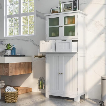 GIANTEX Floor Storage Cabinet, Freestanding Bathroom Cabinet with 2 Glass Doors, 2 Drawers & Adjustable Shelves, Multifunctional 50.5” Tall Storage Organizer Cupboard for Kitchen Living Room, White