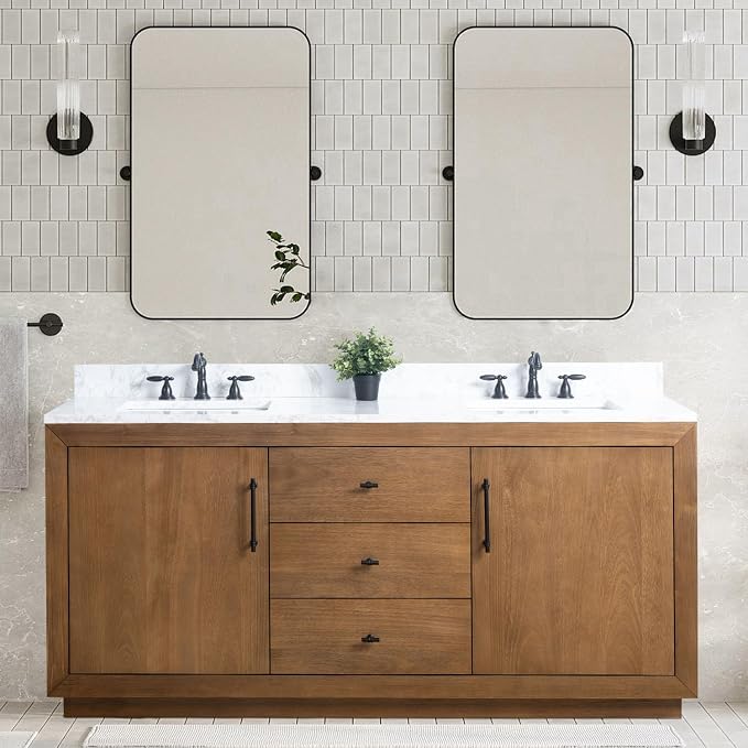 Vanity Art 72 inch Double Sink Bathroom Vanity, Modern Wood Bath Vanity with Carrara Marble Top, Vanity Cabinet with Doors, Removable Shelf, Solid Wood Frame, Tan, VA7072DE