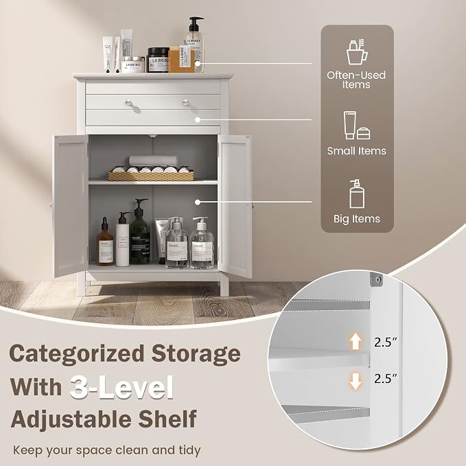 Giantex Bathroom Storage Cabinet with Drawer - Floor Cabinet with Doors, Adjustable Shelf, Storage Organizer for Entryway, Laundry Room, Kitchen, Living Room, Freestanding Cupboard (White)