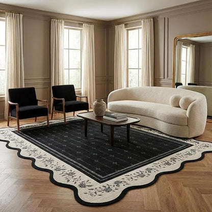 Garvee Washable Rugs for Living Room 8x10 Area Rugs Scalloped Rug Black | Modern Bordered Non Slip Large Kids Bedroom Carpet Indoor Stain Resistant Floor Cover for Bedroom Dining Room Office Nursery