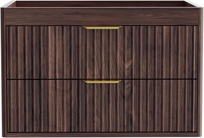 24 Inch Floating Bathroom Vanity Without Sink, Bathroom Wall Cabinet with 2 Fluted Drawers & Metal Handle, Wall Mounted Cabinet for Bathrooms (Brown, 24 inch, Without Sink)