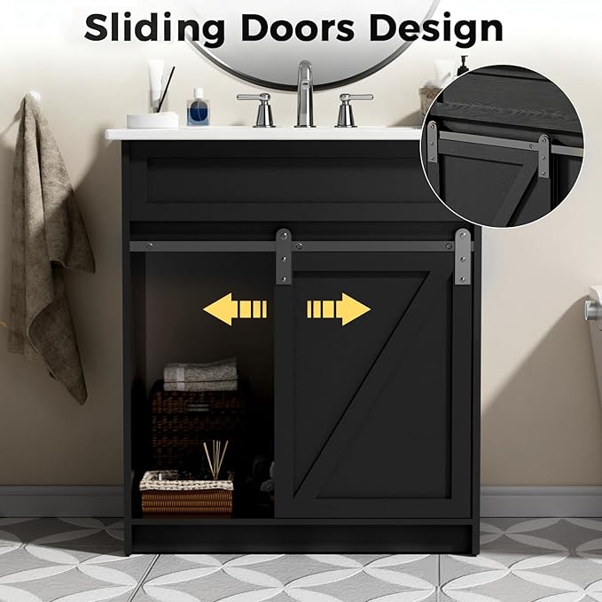 30" Bathroom Vanity with Sink, Bathroom Vanity Set with Sliding Barn Door & 3 Drawers, Freestanding Bathroom Vanities with Metal Handle, Farmhouse Bathroom Cabinet, Black