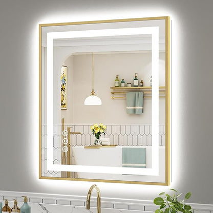 36x30 Inch LED Bathroom Mirror with Gold Frame, Backlit & Front Lit, Anti-Fog Lighted Bathroom Vanity Mirror for Wall, Memory Function, Dimmable, HD Tempered Glass, Shatter-Proof