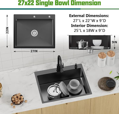 Black 27x22 Inch Drop In Kitchen Sink-Stainless Steel Topmount Modern Single Bowl Large Kitchen And Bar Sink Come With Silicon Mat,Drain Strainer Set Compatibility With Various Kitchen&Bar Style