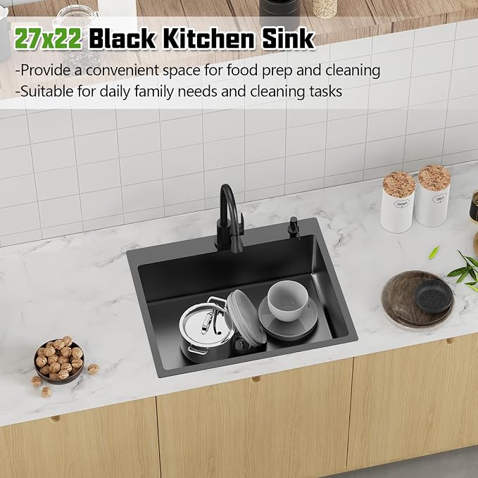 Black 27x22 Inch Drop In Kitchen Sink-Stainless Steel Topmount Modern Single Bowl Large Kitchen And Bar Sink Come With Silicon Mat,Drain Strainer Set Compatibility With Various Kitchen&Bar Style
