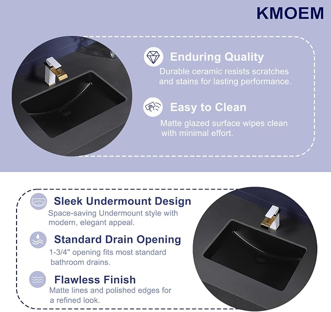 Black Undermount Bathroom Sink 23.8x16.3 Inch Bathroom Sink Matte Black Bathroom Under Counter Lavatory Vanity Sink Basin Rectangular Porcelain Ceramic Undermount Sinks with Overflow