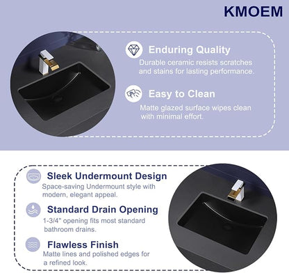 Black Undermount Bathroom Sink 23.8x16.3 Inch Bathroom Sink Matte Black Bathroom Under Counter Lavatory Vanity Sink Basin Rectangular Porcelain Ceramic Undermount Sinks with Overflow