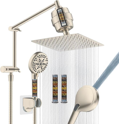 Metal Rain Filtered Shower Head with Handheld, 10" High-Pressure,10-Mode | Brushed Nickel, Rainfall Showerhead with 5" Handheld Powerful Wash, Adjustable 16" Extension Arm/71" Hose, 20-Stage Filter