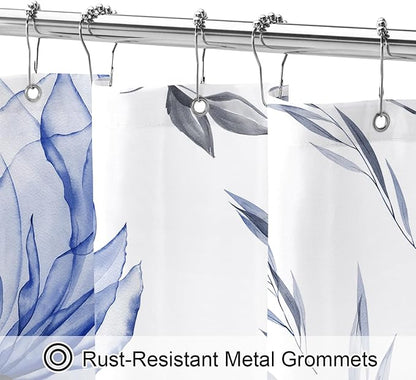 Dark Blue Boho Floral Shower Curtain, Watercolor Botanical Design, 36 x 72 | Boho Floral Design, Watercolor Ink Painting Style, Botanical Flowers & Leaves, Elegant Bathroom Accent, Fabric Cloth Curtain