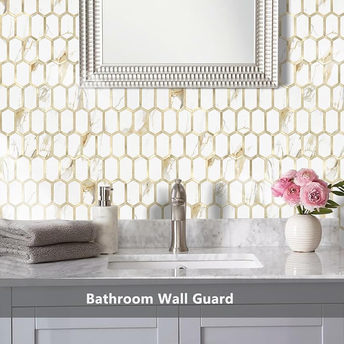 Vamos Tile Long Hexagon Peel and Stick Tile Backsplash - 10 Sheets Stick on Backsplash for Kitchen and Bathroom Calacatta Gold Mixed Metal Light Gold PVC Self Adhesive Mosaic Wall Tiles(Seamless)