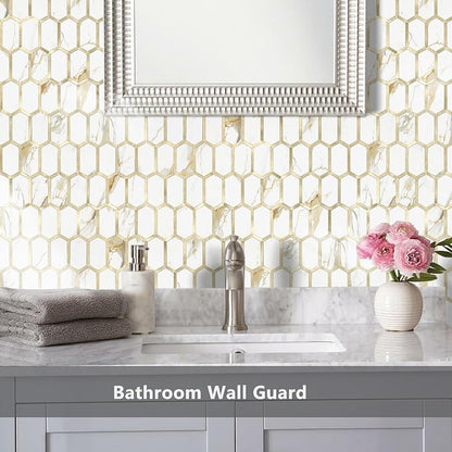 Vamos Tile Long Hexagon Peel and Stick Tile Backsplash - 10 Sheets Stick on Backsplash for Kitchen and Bathroom Calacatta Gold Mixed Metal Light Gold PVC Self Adhesive Mosaic Wall Tiles(Seamless)