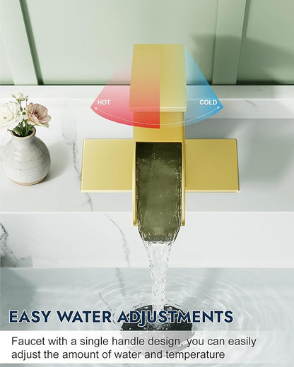 Midanya Waterfall Bathroom Faucet, Single Handle Bathroom Sink Faucet for Sink 1 or 4 Inch 3 Hole, Stainless Steel Vanity Faucets with Deck Plate and Pop up Drain,Brushed Gold