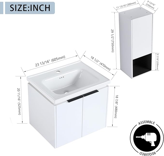 24 Inch Bathroom Vanity with Sink Combo,24'' Floating Bathroom Vanity with Sink, Modern Wall Mounted Cabinet Set with 12'' Side Cabinet Combo,White