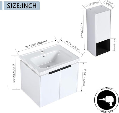 24 Inch Bathroom Vanity with Sink Combo,24'' Floating Bathroom Vanity with Sink, Modern Wall Mounted Cabinet Set with 12'' Side Cabinet Combo,White