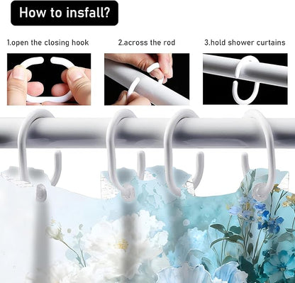 AZHM Watercolor Floral Shower Curtain Set 4PCS Blue and White Delicate Floral Farmhouse Bathroom Accessories Set, Includes Rugs and 12 Hooks