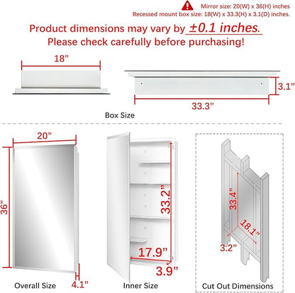 Fundin White Medicine Cabinet Recessed or Surface Mount, Bathroom Medicine Cabinet with 20 x 36 Mirror Size and Adjustable Staggered Shelves