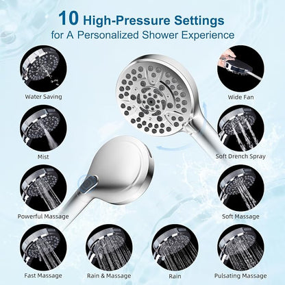 Hibbent All Metal 10" High Pressure Rain Shower Head Combo, Chrome | cUPC Certified Rainfall Shower Head with handheld 10 Sprays, 16'' Adjustable Extension Arm, 71'' Hose, Showerhead Holder