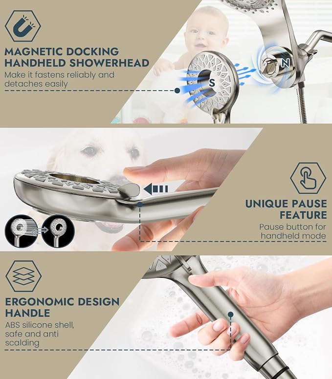 Dual Shower Heads with Handheld Spray Combo, High Pressure 2 in 1 Rainfall Shower Heads with 9 Spray Modes, Magnetic Double Showerhead, Brushed Nickel