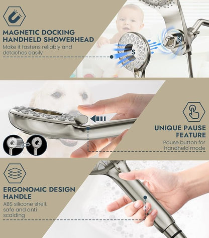 Dual Shower Heads with Handheld Spray Combo, High Pressure 2 in 1 Rainfall Shower Heads with 9 Spray Modes, Magnetic Double Showerhead, Brushed Nickel